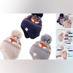 BRAND NEW 1T-2T Kids Fox Pom-Pom Beanie Set - Navy, Gray, Cream